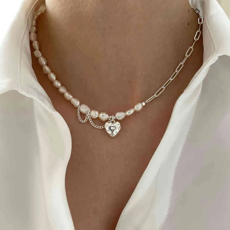 Collana Foxanry in argento Sterling per donna, elegante e alla moda, con catena asimmetrica, perle lisce, cuore d'amore, gioielli da sposa per amanti_voghion.com