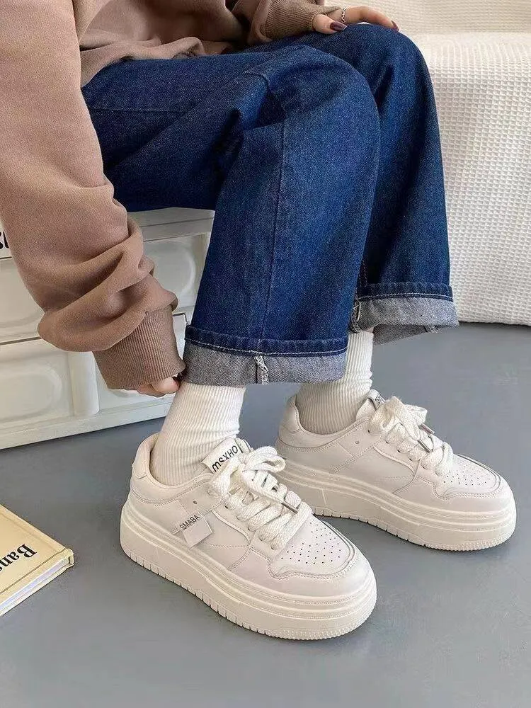 Zapatos blancos de suela gruesa para mujer, 2024, versátiles, de tiro alto, informales, para estudiantes, LHShoe_voghion.com