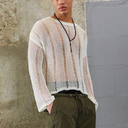 Men's autumn new elastic hollow micro transparent long sleeved loose and versatile knitted sweater men's style_voghion.com
