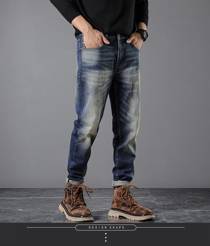 Heren Slim-fit Small Broek Herfst en Winter Red-eared Denim Rechte Broek_voghion.com