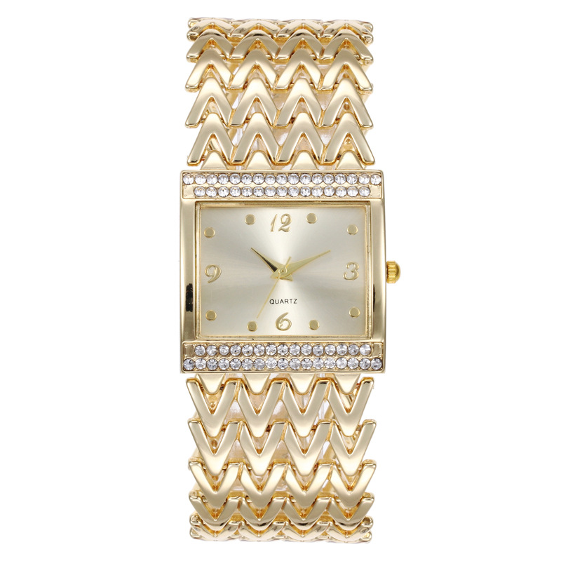 Reloj elegante y de moda, reloj de cuarzo de banda ancha hueco con incrustaciones de diamantes cuadrados para mujer