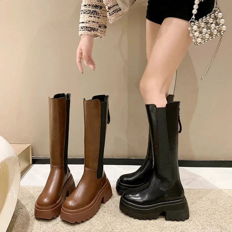Platform Knee-high Boots For Women Leather Winter Motorcycle Style_voghion.com