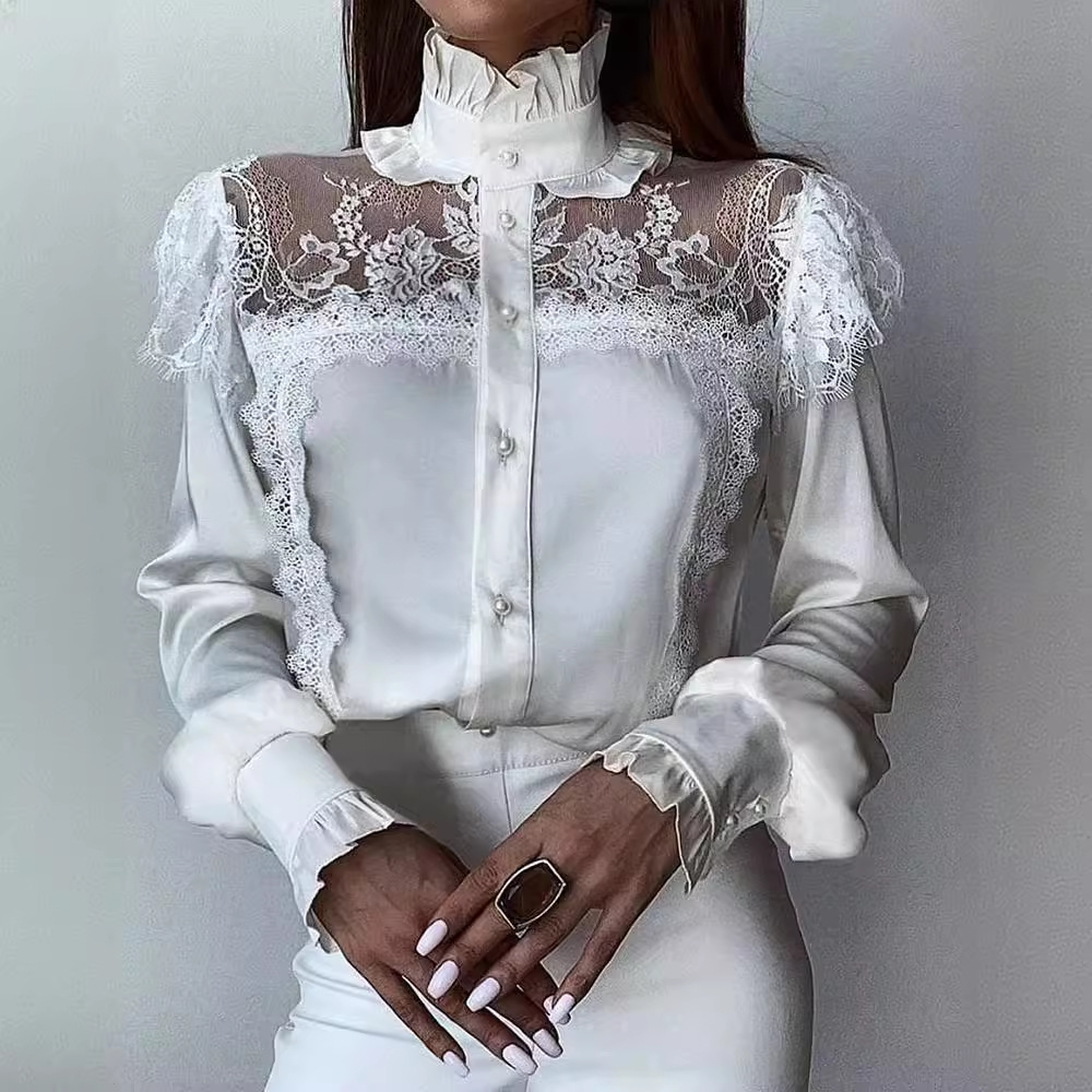 Women's White turtleneck mesh lace patchwork earring shirt