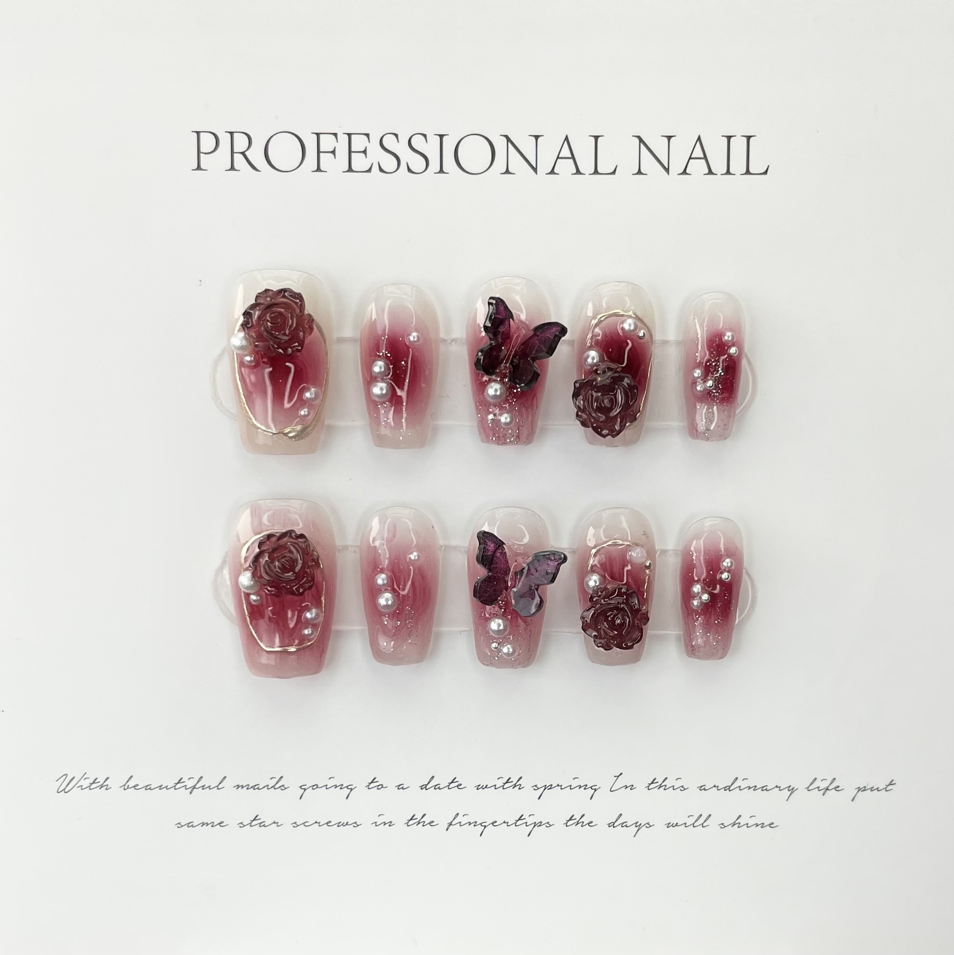 Handgemachte Nagelpflege mit Spicy Girl Weinrote Kamelie Schmetterling Künstliche Nägel Handgemachte Nagelpflege Patch Nagelaufhellung_voghion.com