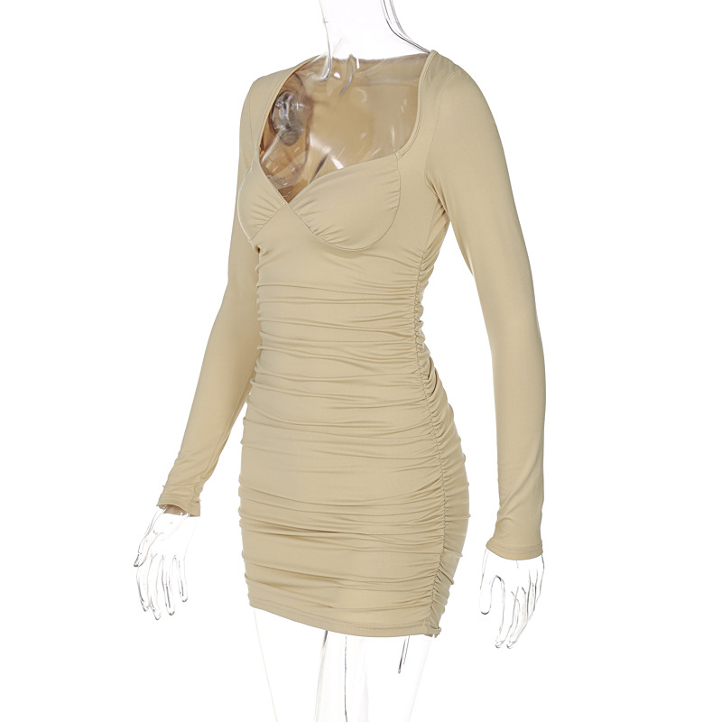 Fraekleedung Sexy Deep V BH Langarm Slim Fit Ruffled Moudekleed_voghion.com