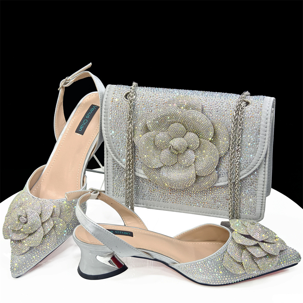 Women's Pointed Heels With Square Shoulder Bag Floral Embellished Women's Shoe Bag Set Combination