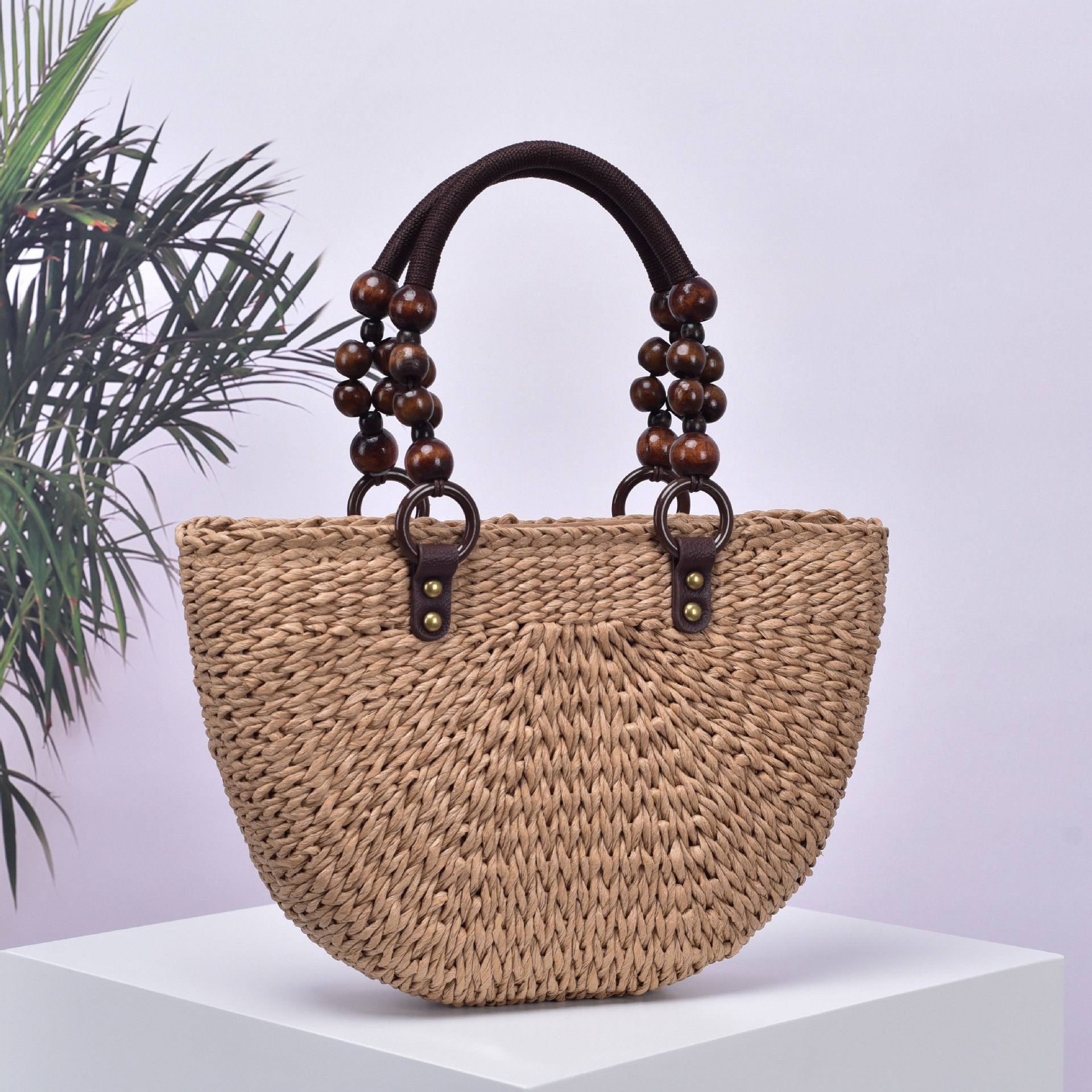 2024 new handmade straw woven wooden beads braided handle semi-circular beach holiday pastoral cross-border tote women's bag_voghion.com