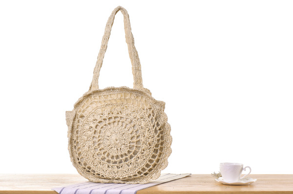Semplice borsa di paglia a spalla singola rotonda cava, borsa da spiaggia con fiori intrecciati a mano, borsa da spiaggia_voghion.com