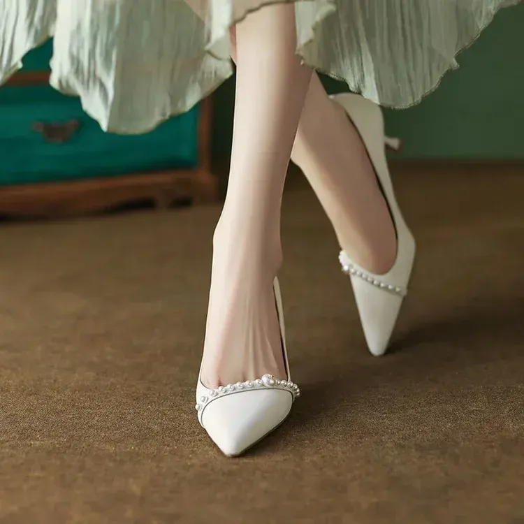 Damen Pumps Weiß Hochzeit High Spitzschuh String Bead Bootsschuhe Dünne Absätze Basic Pump Perlen Schwarz 2024 03c2_voghion.com