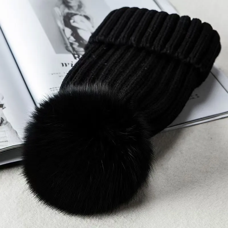 Gorro de lã tricotado de inverno feminino, gorro grosso e quente de pele com pompom, gorro feminino colorido_voghion.com