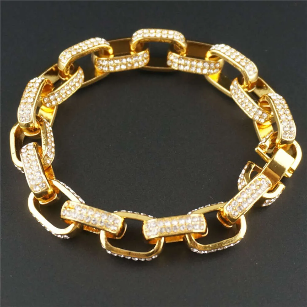 Simple Square Three-dimensional Box Full Of Rhinestones Hiphop Trendy Cuban Chain Thick Bracelet_voghion.com