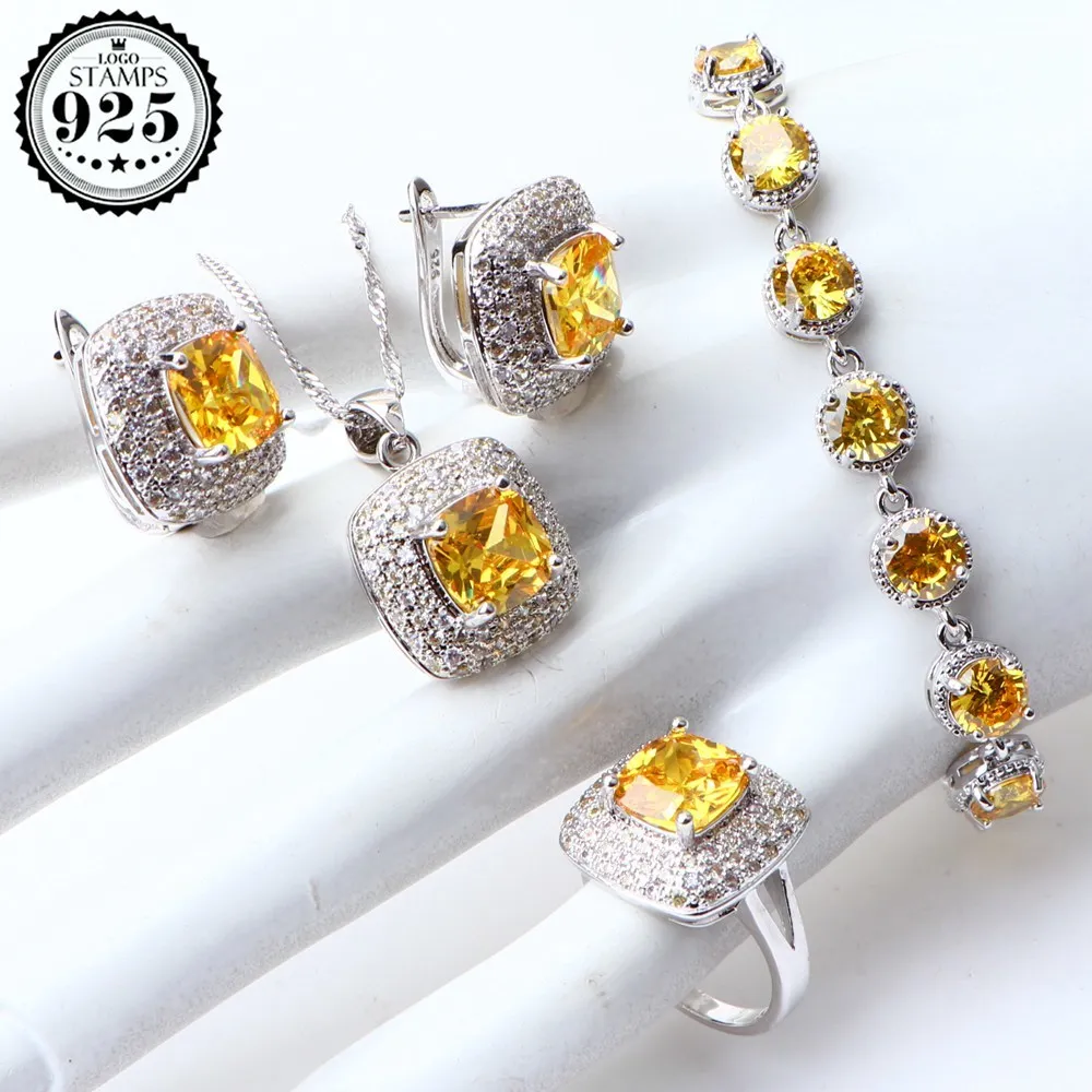 Kostüm-Sets Gelb Zirkonia Sier Schmuck Ohrringe Für Frauen Ehering Halskette Anhänger Set Geschenke Box CX200623_voghion.com