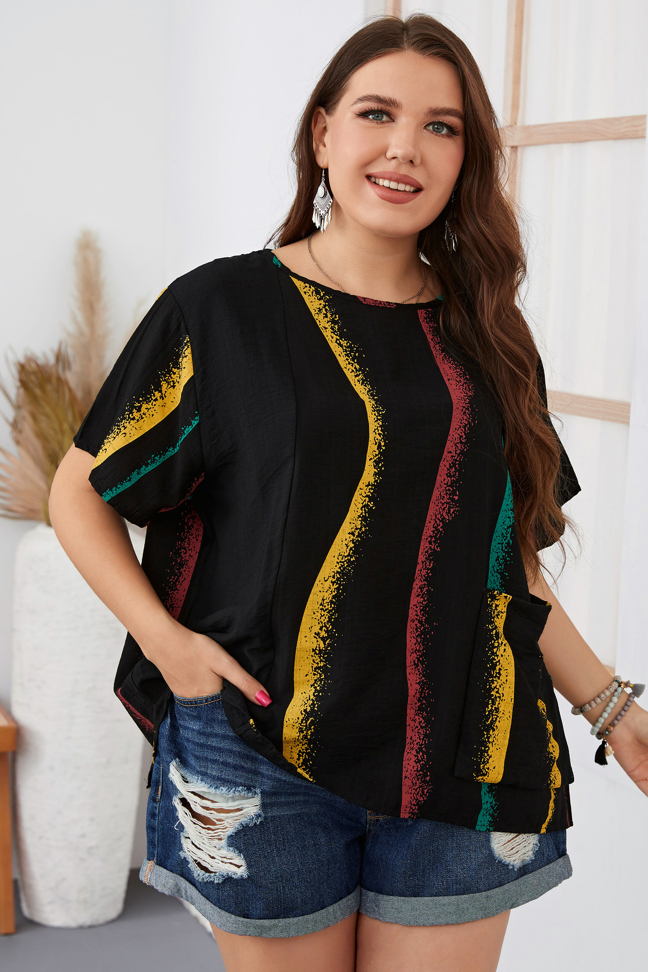 Women's striped contrast color large size women's shirt slim round neck women's clothing_voghion.com