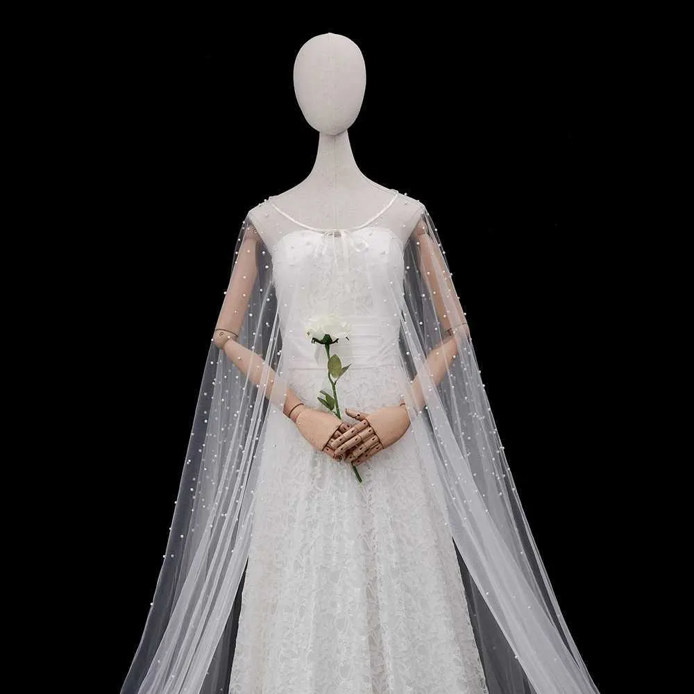 Haarschmuck Damen Perlen Braut Schulterschleier Langer Umhang Abend Cape Jacke Für Frauen Bolero Weicher Tüll Schal Hochzeit_voghion.com