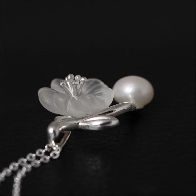 Anheng Halskjeder Ekte Sterling Sier Håndlagde Designer Fine Smykker Hvit Naturlig Perle Delikat Plommeblomst Blomst_voghion.com