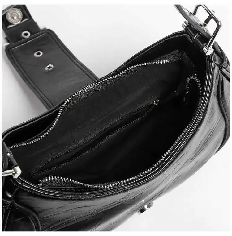 Women Y2K Fashion Shoulder Black PU Leather Underarm Ladies High Quality Handbags Hot Girls Armpit Bags Wallet_voghion.com