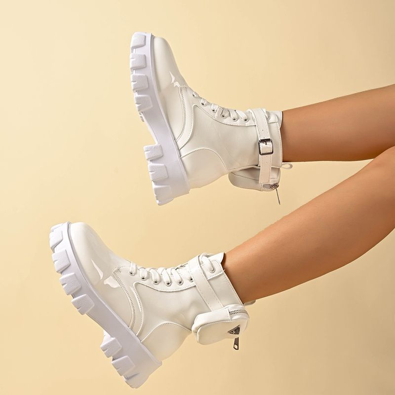 2024 neue modische Übergrößen-Kurzstiefel mit dicker Sohle für Damen, Modetasche im britischen Stil, Gürtelschnalle, Martin-Stiefel für Damen_voghion.com