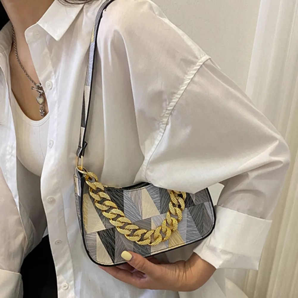 Borsa a tracolla da donna in pelle PU con tracolla spessa, stampa triangolare colorata, elegante e alla moda per i viaggi._voghion.com