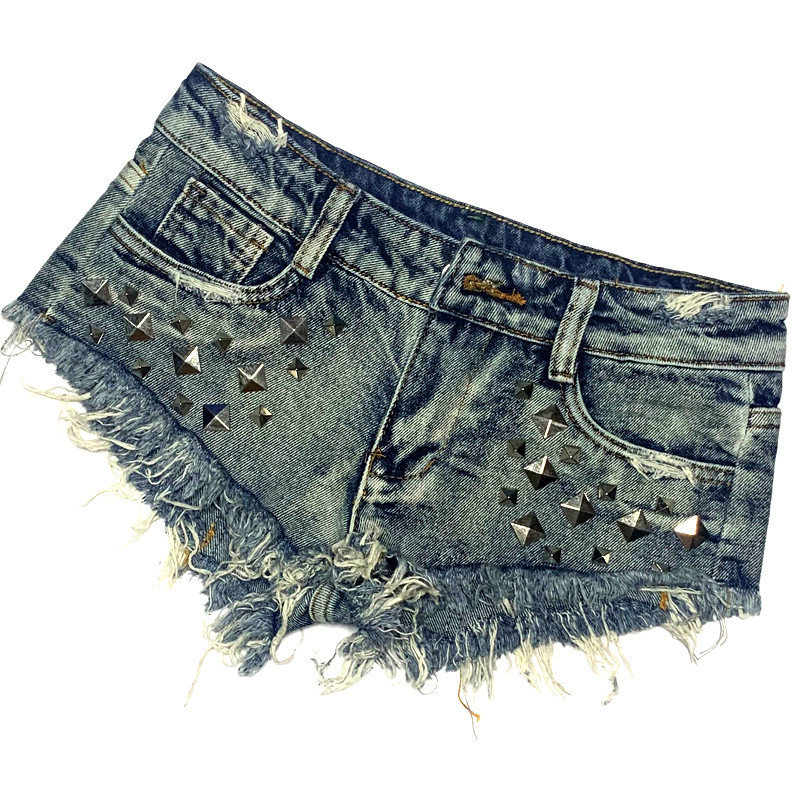 2025s Short Studded Denim Shorts Ultra Low Waist Hot Punk Style Nightclub Women's Pants Frayed Edges Distressed Washed_voghion.com