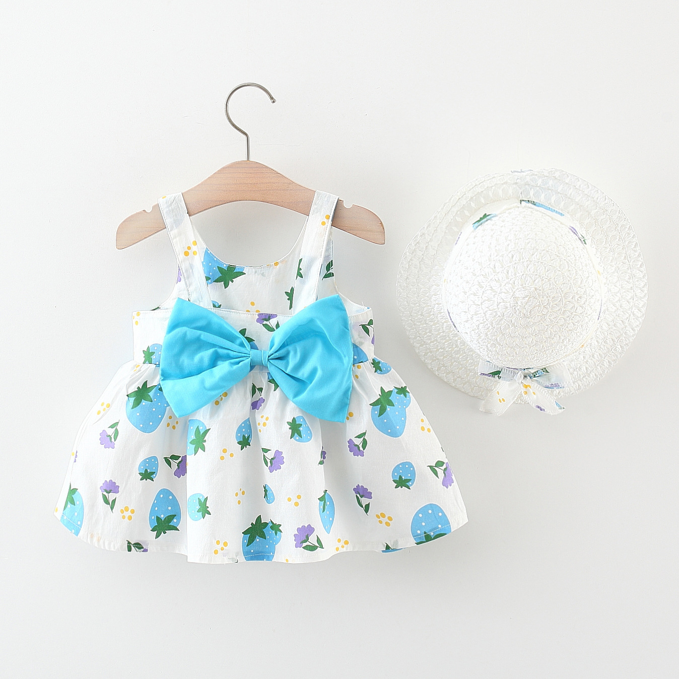 Vestido para niña con estampado de fresas y lazo, ropa de playa para bebé, sombrero incluido_voghion.com