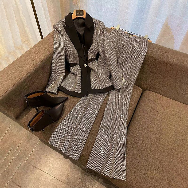 Damenbekleidung große Größe karierte farbecht passende Anzug Damen Frühjahr neue Stil Temperament schlanke hohe Taille ausgestellte Hosen_voghion.com