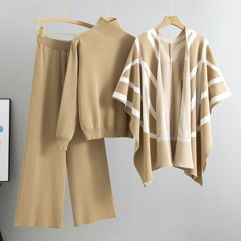 Women's Clothing elegant lady, lazy style, knitted sweater, shawl, cape, wide leg pants, three piece suit