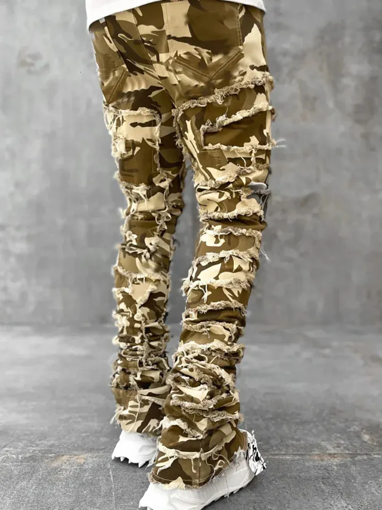 High Street Weiße Herren Stacked Jeans Stretched Patchwork Tassel Damaged Denim Volle Länge Hosen Hippop Hosen Für Männer_voghion.com