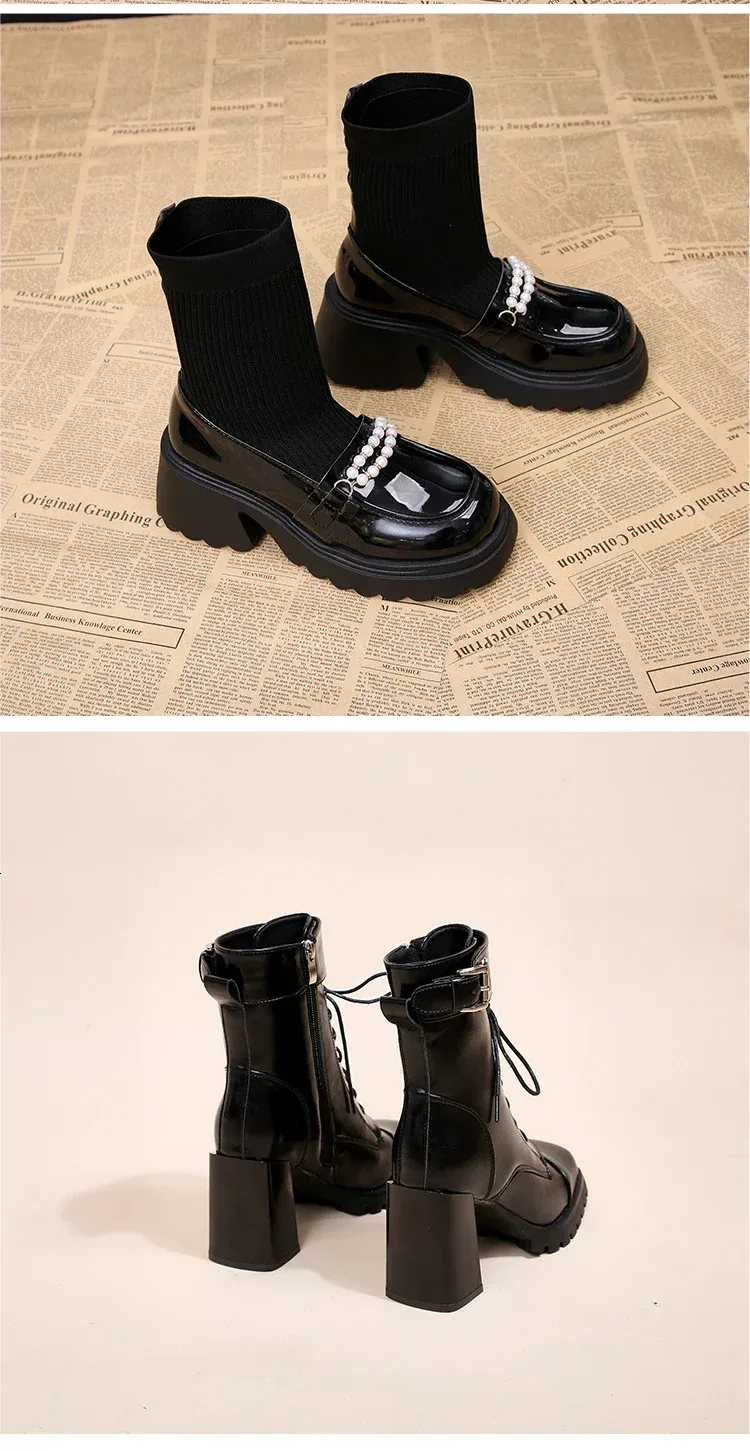 Platåstickade snöstövlar för kvinnor med höga klackar, pärlstövlar i läder, ankelskor 2025, trendiga vinterpumps med strumpor._voghion.com