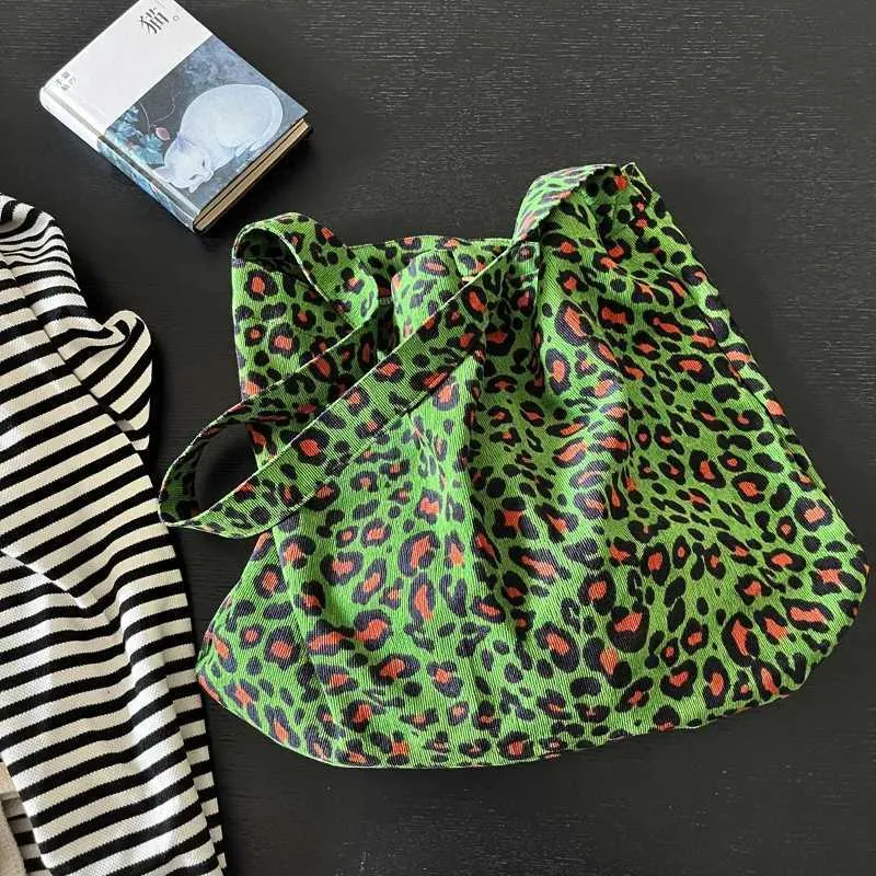 Sac à main en velours côtelé pour femme avec bandoulière en tissu imprimé panthère verte, grande capacité, sac de loisirs, de voyage, de shopping_voghion.com