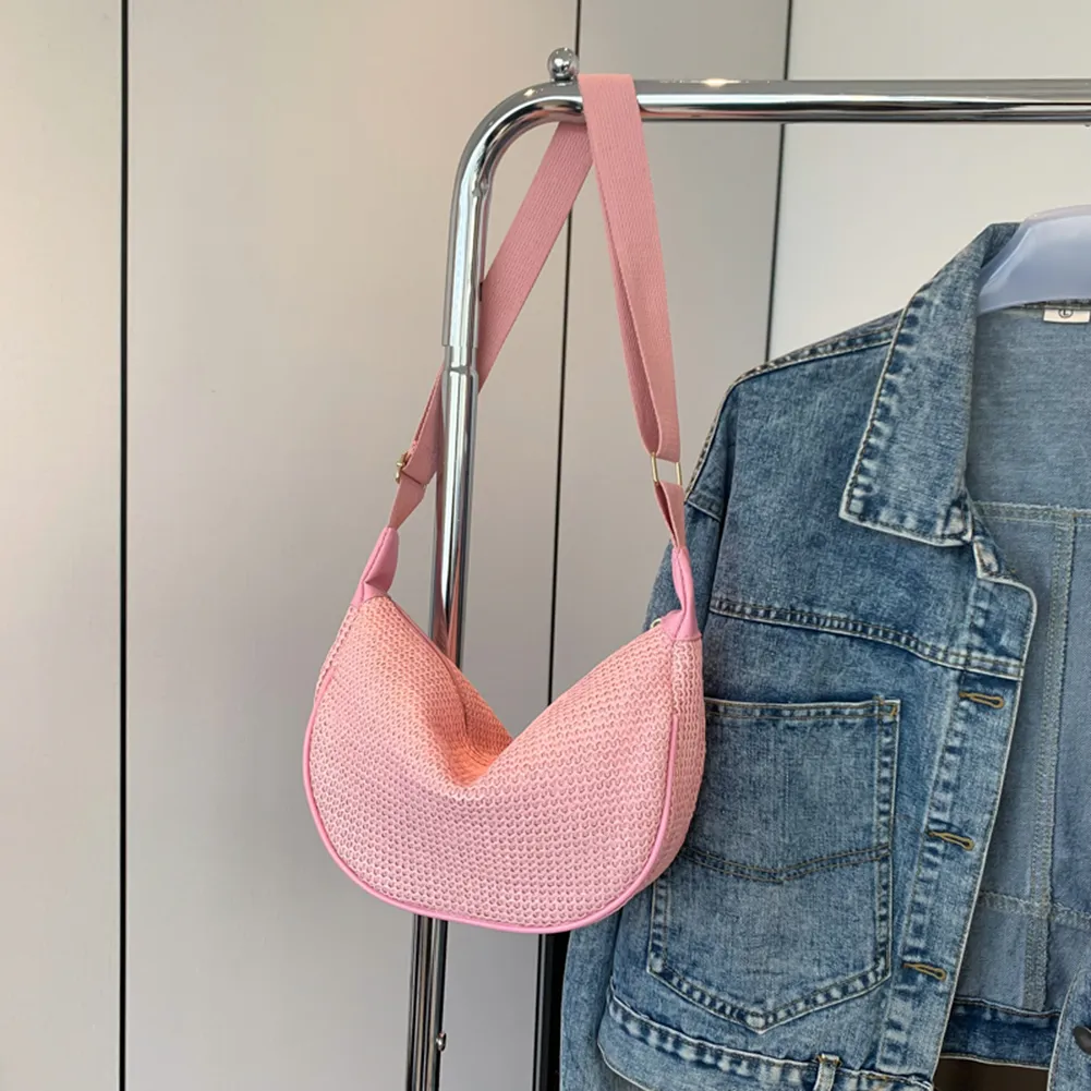Borsa a tracolla a mezzaluna con tracolla regolabile, in paglia intrecciata, grande capacità, casual, per feste e vacanze, da donna_voghion.com