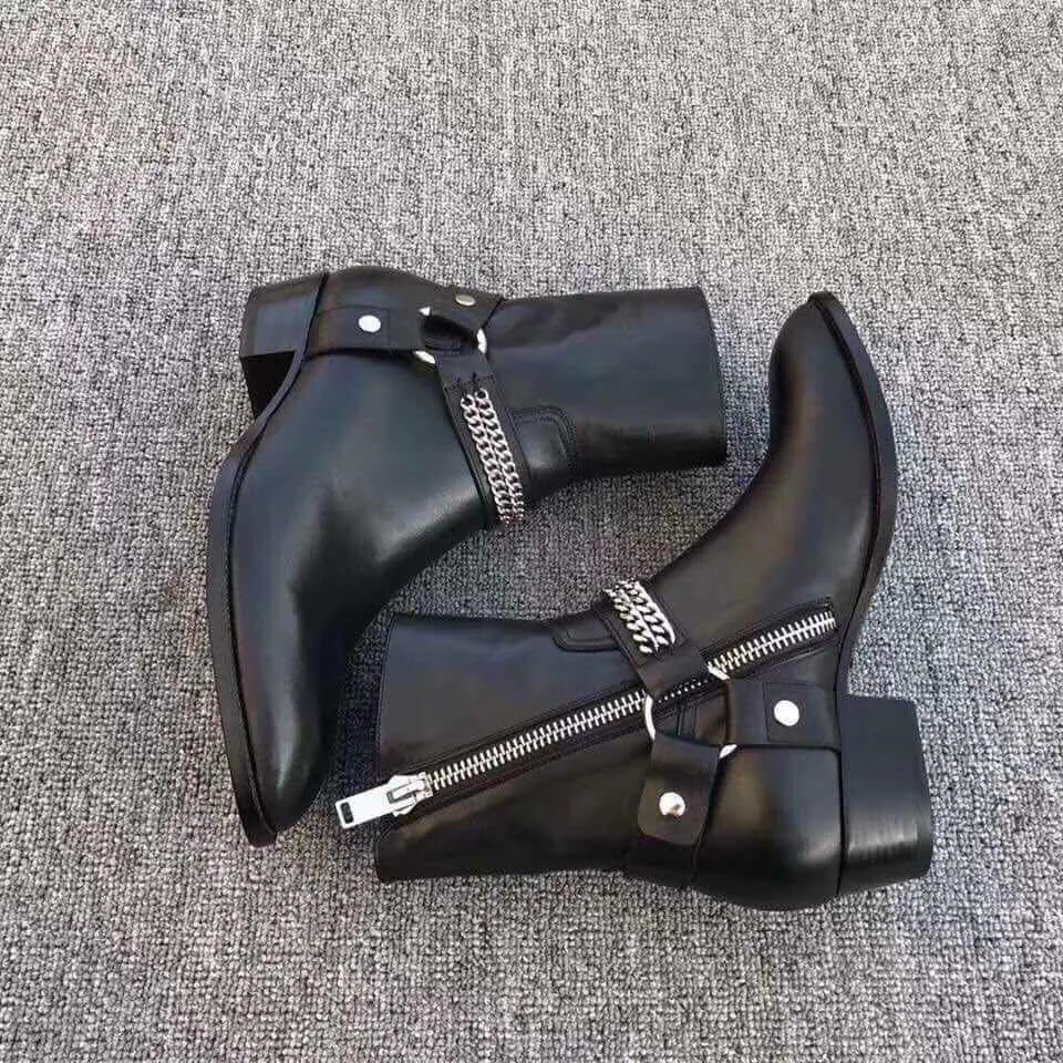 Vente chaude - Mode Biker Chaînes Cheville Hommes Bout Pointu Boucle En Cuir Marron Bottes Habillées Chaussures Hommes_voghion.com