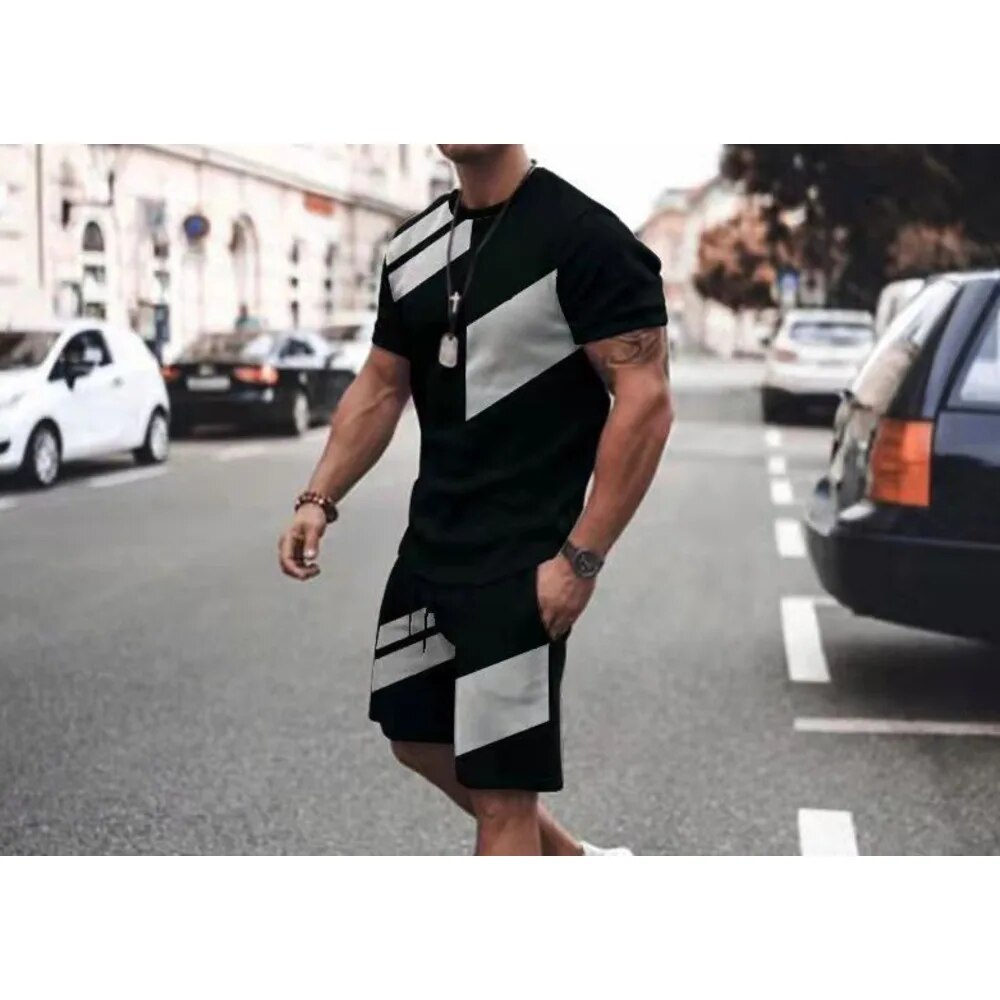 Herren 3D Kurzarm Set Sommer Fitness Sport Trend Locker Mode Lässig Rundhals T-Shirt_voghion.com