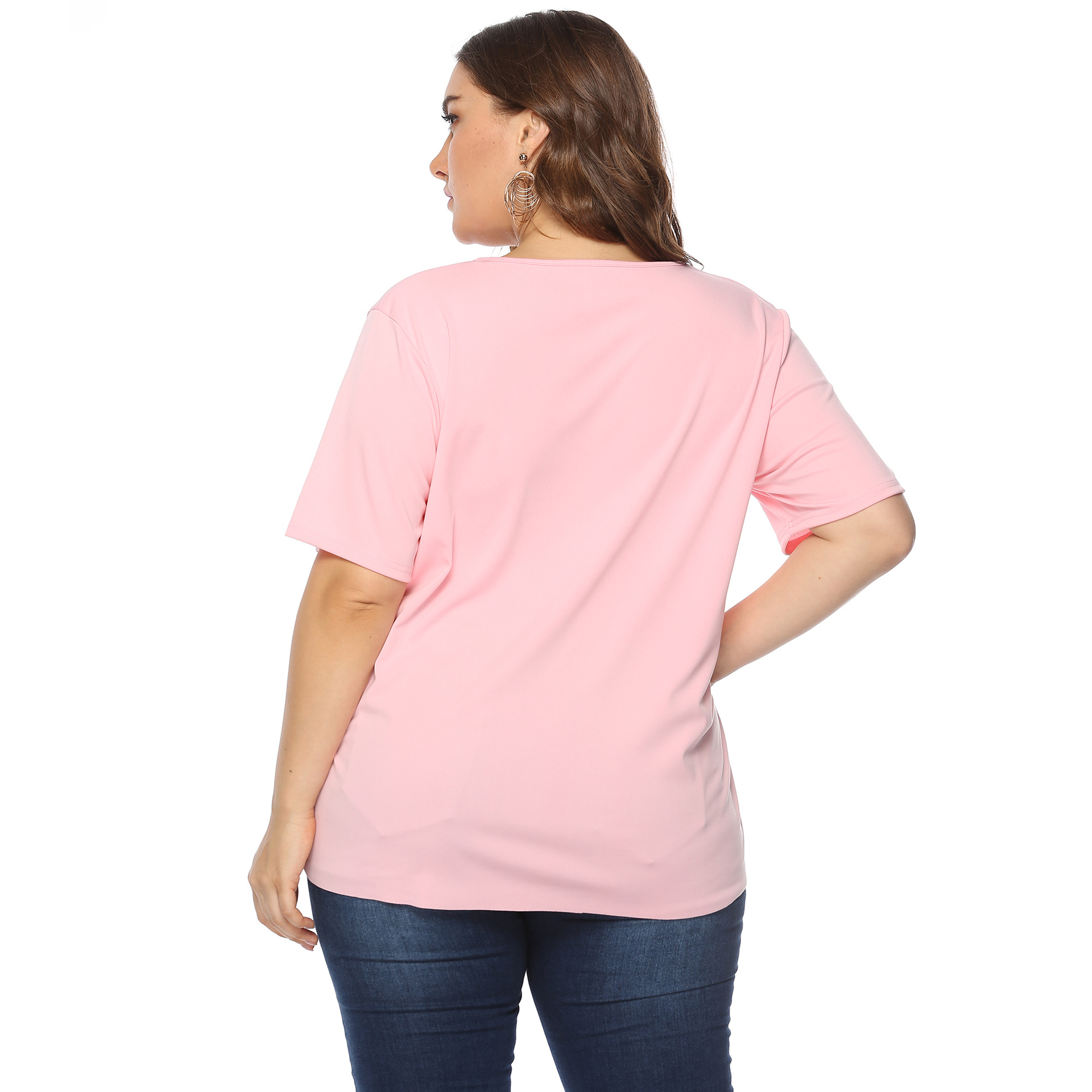 Women's tops large size women's clothing solid color burnt flower hollow wave edge casual short-sleeved T-shirt_voghion.com