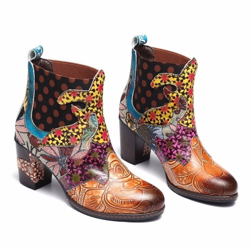 Vintage Splicing Impresso Tornozelo para Mulheres Sapatos Femininos PU Couro Retro Bloco Salto Alto Bohemian Senhoras Inverno Curto_voghion.com