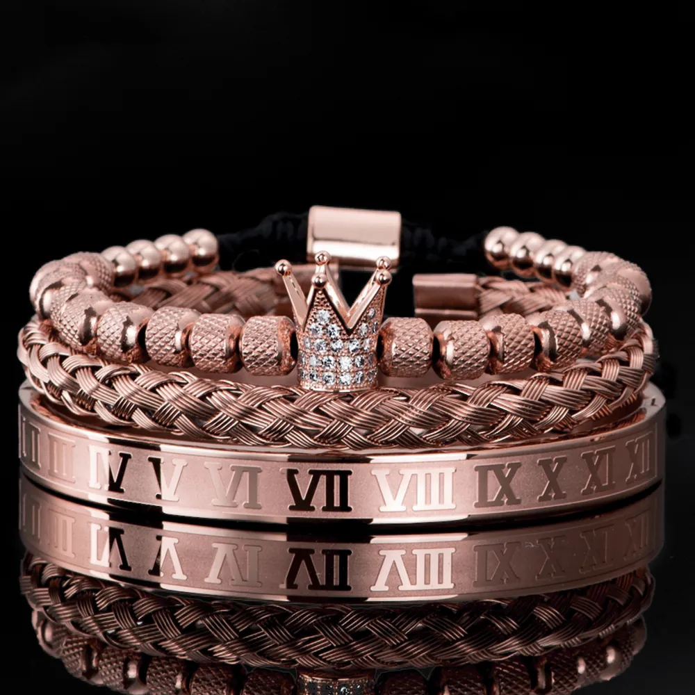 3 stk/sett Micro Pave CZ Crown Roman Royal Charm Men Armbånd Rustfritt stål Krystaller Armbånd Par Håndlagde smykker_voghion.com