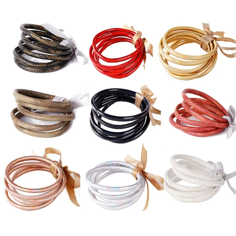 Charm Bracelets 5Pcs Bohemia Glitter Jelly Bangle Bracelet Set Bowtie PU Leather Hoop 45BC_ipsvogv.com