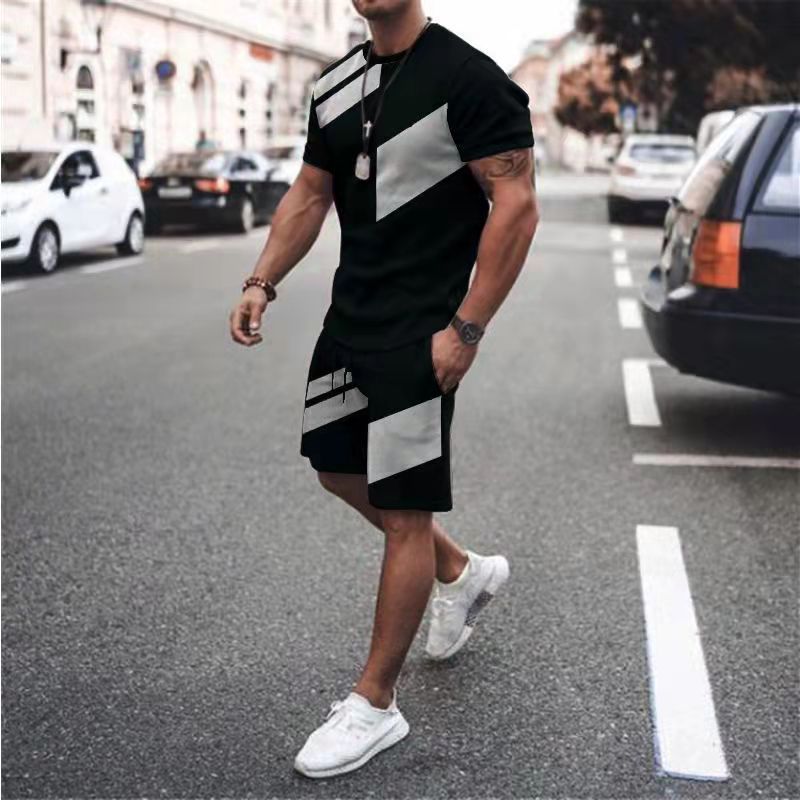 Men's Clothing Suit Summer Fitness Sports Trend Loose Fashion Casual Round Neck T Sleeve Two Piece Suit_voghion.com