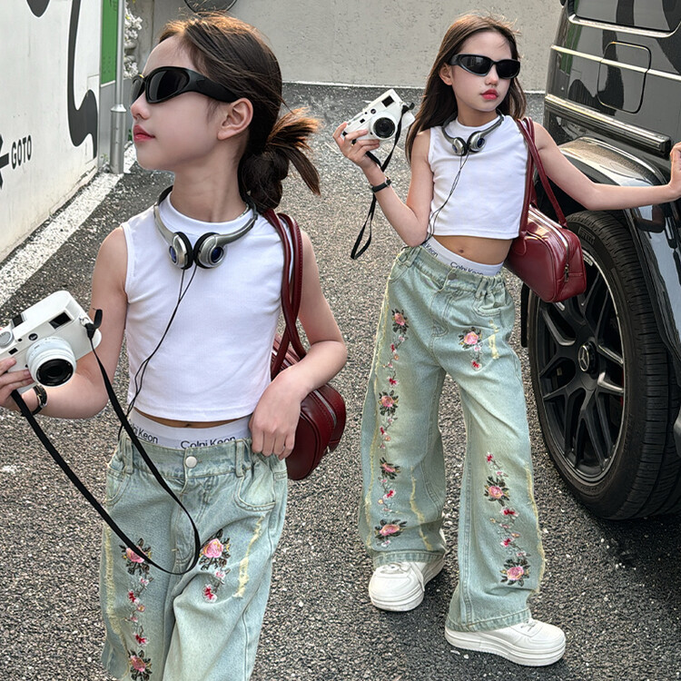 Blugi brodați pentru mame și copii, fete, pantaloni largi casual pentru copii mari, pantaloni drepți pentru fete_voghion.com