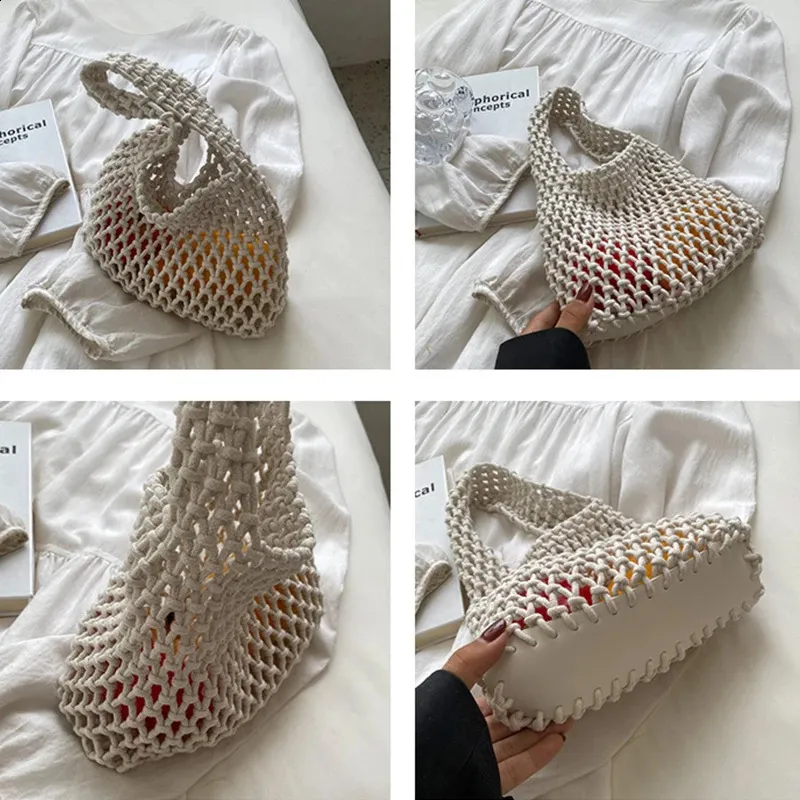 Lässige gewebte Damen-Umhängetaschen, gestrickte Handtaschen, große Kapazität, Shopper-Tasche, weibliche Strand-/Reise-Geldbörsen aus Baumwolle 240826_voghion.com