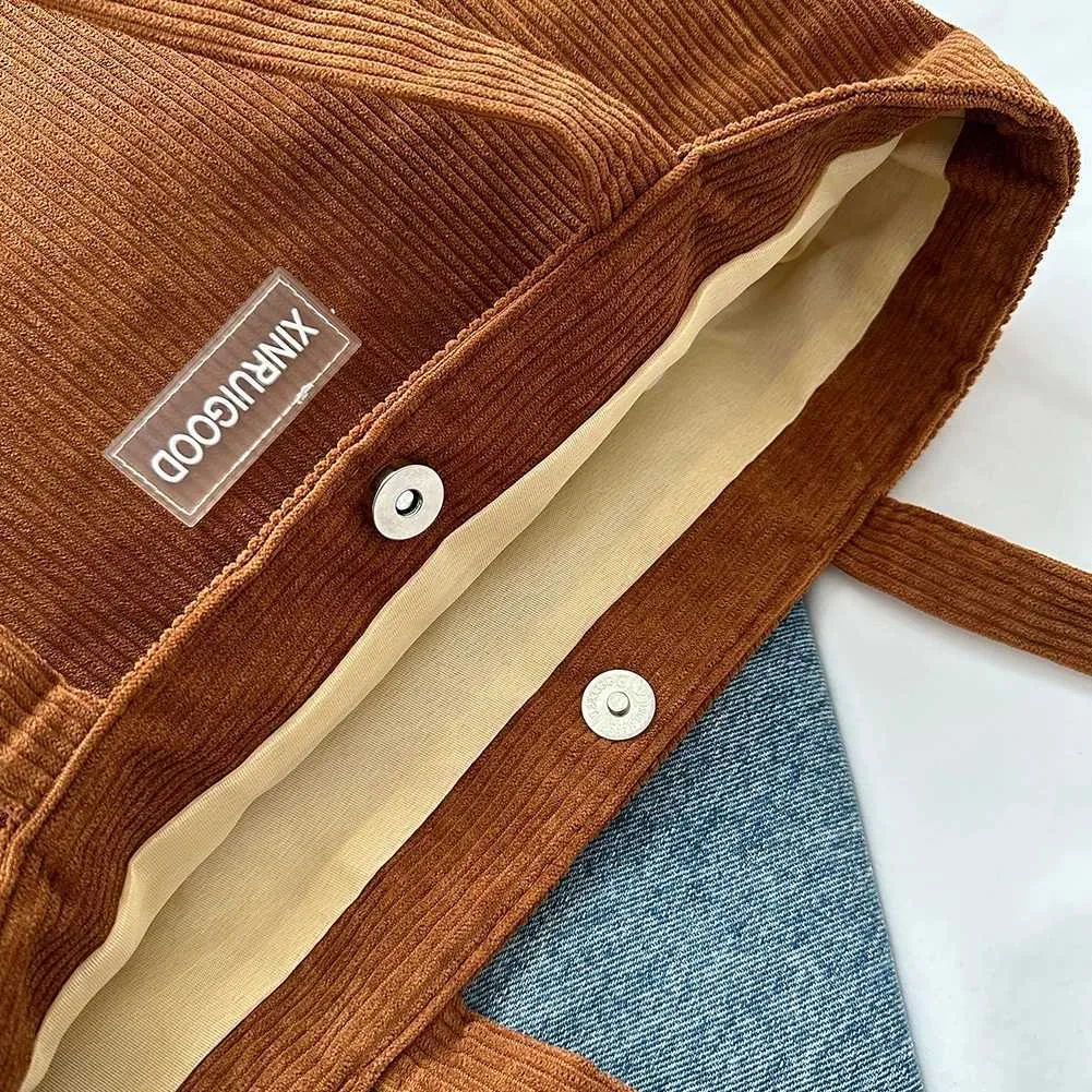 Borsa a tracolla di grande capacità, borsa da donna alla moda in velluto a coste tinta unita con tasca anteriore C241108_voghion.com