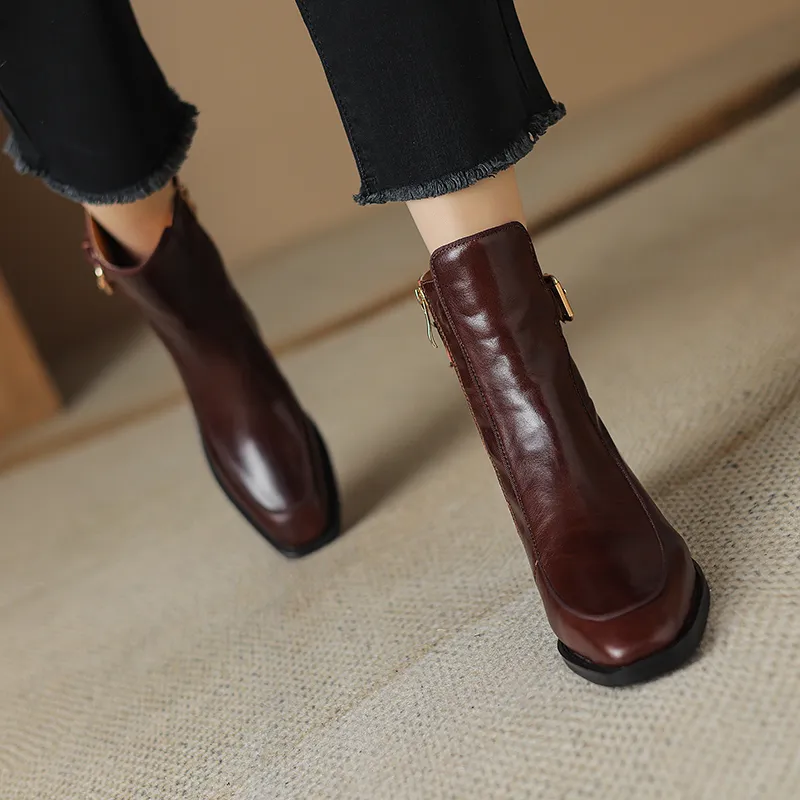 2024 New Autumn Square Toe Low Heel Women Shoes Genuine Brown Ankle Block Retro Leather Boots 3d39_voghion.com