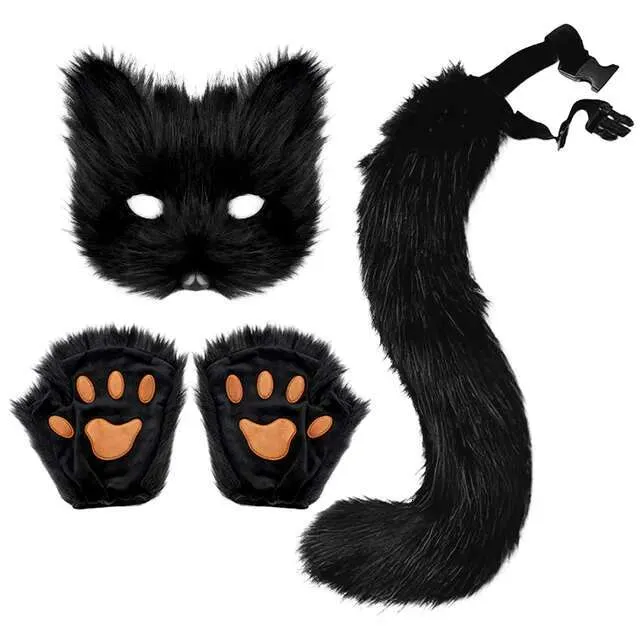 Chaveiro de cauda de raposa de pele fofa, luvas de patas de gato e conjunto de máscara de lobo Therian para acessórios de fantasia de cosplay de Halloween_voghion.com