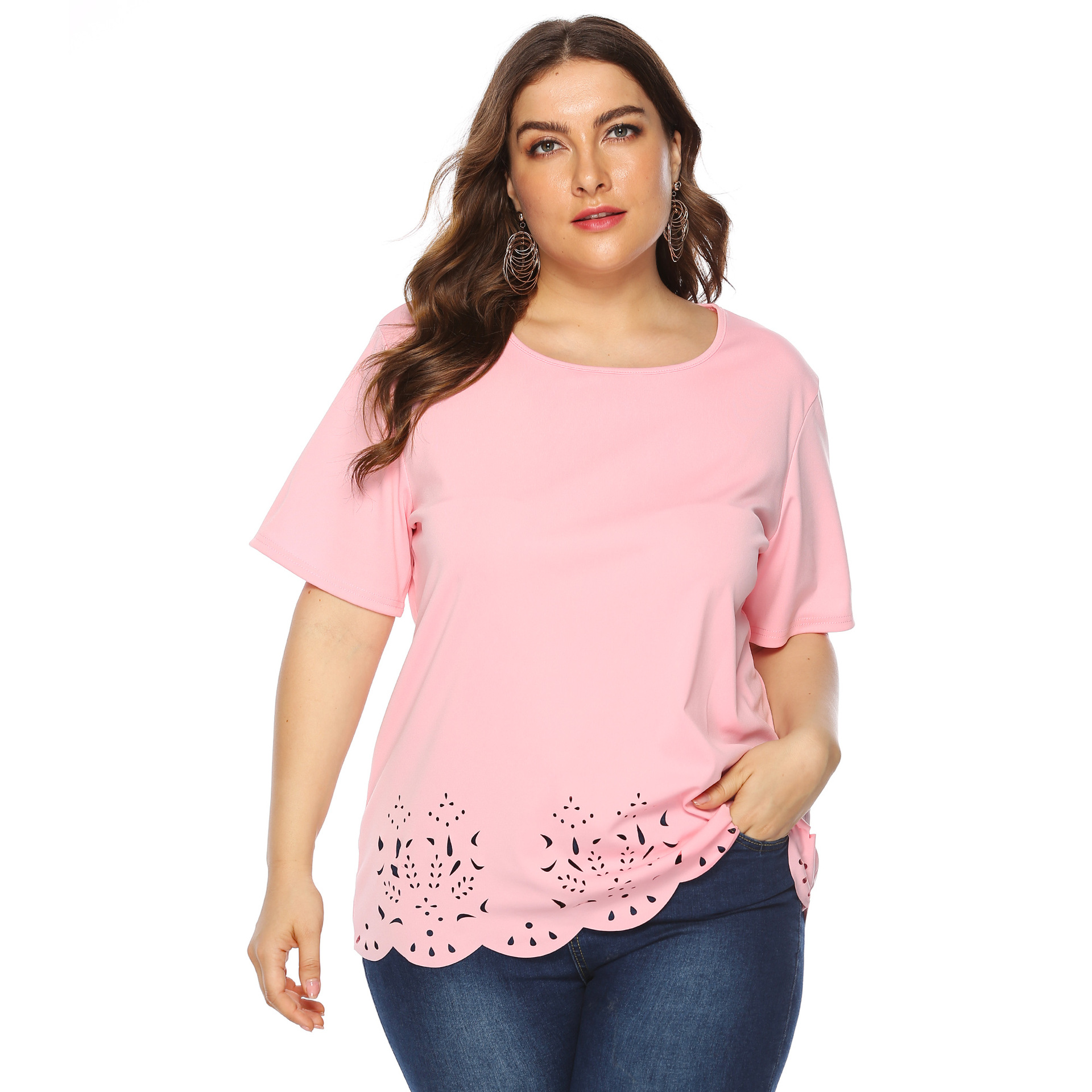 Women's tops large size women's clothing solid color burnt flower hollow wave edge casual short-sleeved T-shirt_voghion.com