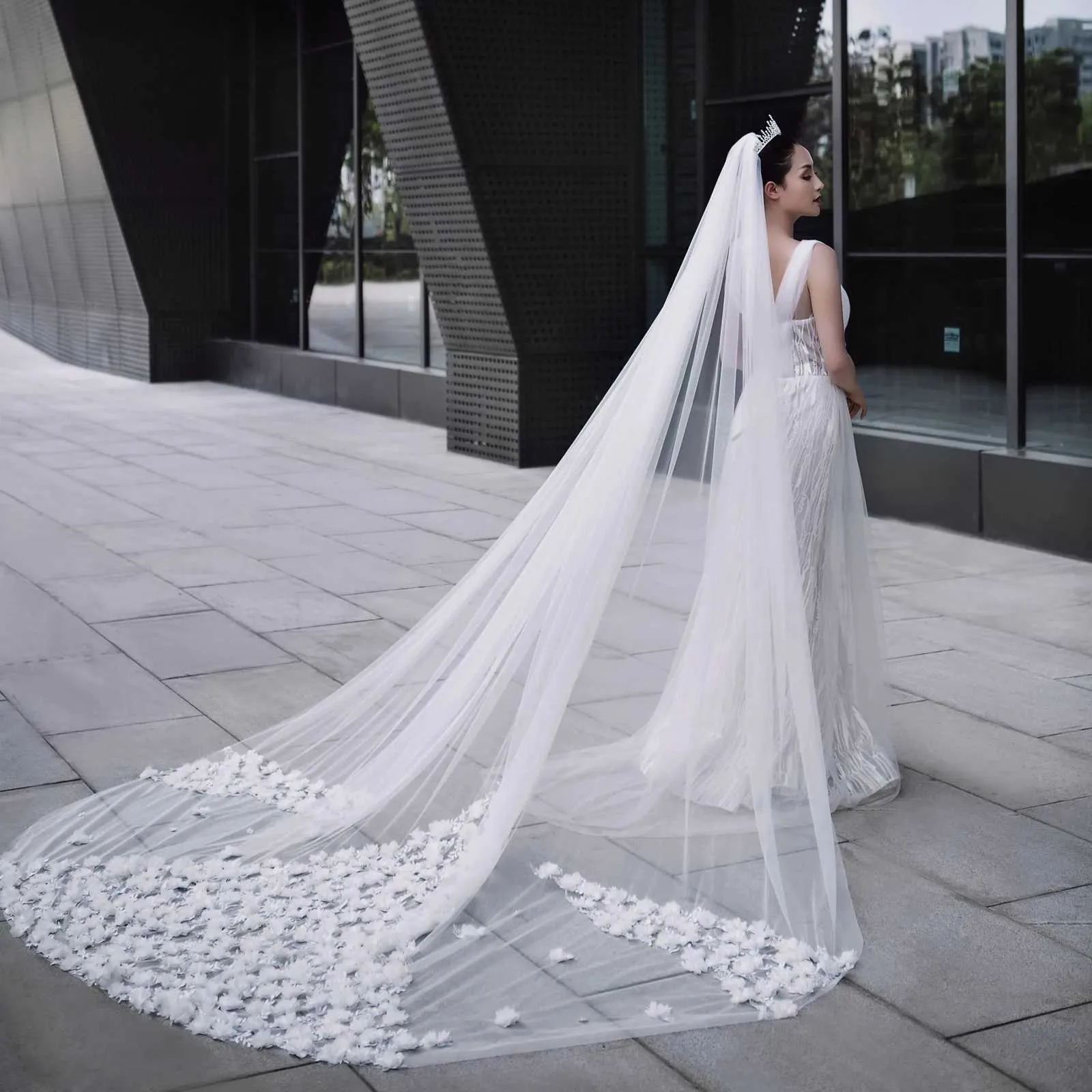 Gioielli per capelli, elegante velo da sposa con perline in pizzo, fiore 3D, lungo, cattedrale, morbido, illusione, con pettine, accessori per la sposa._voghion.com