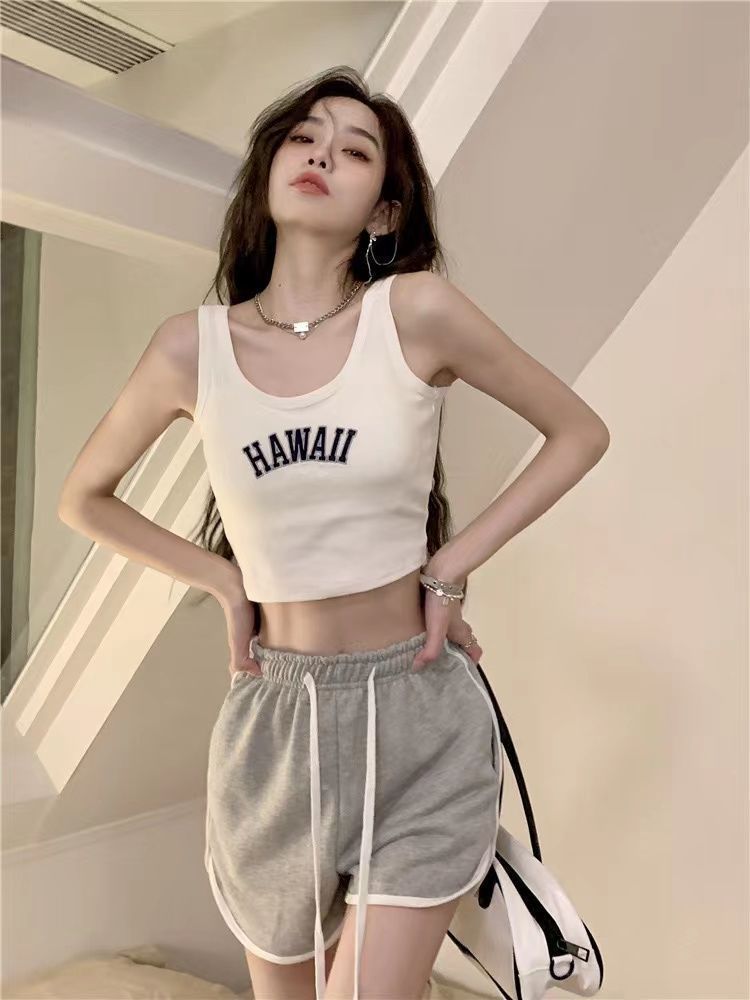 Semplice canotta traspirante in puro cotone con lettere per abbigliamento sportivo all'esterno e all'interno, top corto all-match slim sul retro_voghion.com