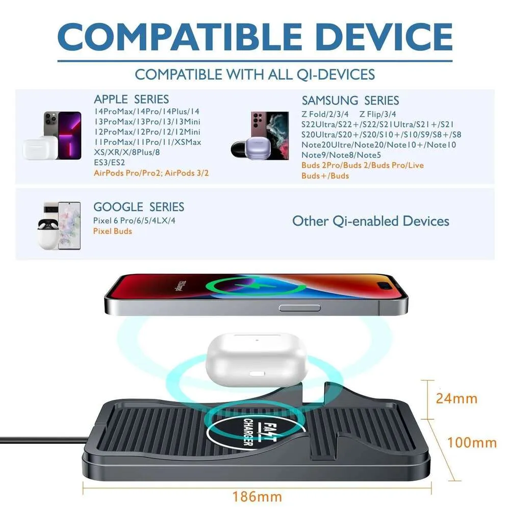 Chargeur de voiture sans fil, tapis de chargement rapide 15 W, 10 W, 7,5 W, adaptateur de charge rapide, support pour iPhone 14, 13, 12, 11, Samsung_voghion.com