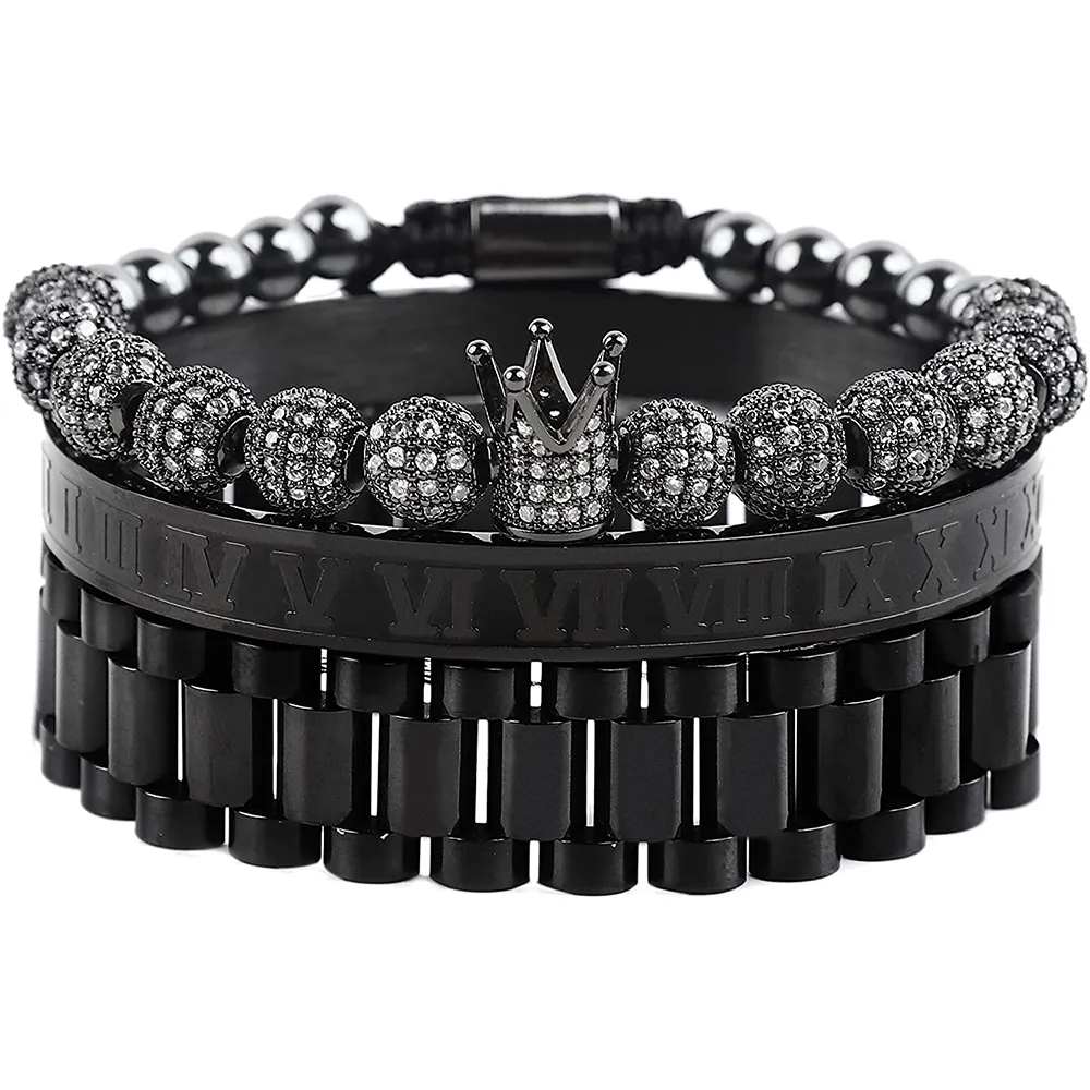 Mens Two-tone Crown Charm Bracelet Set 3 Piece Gold Cuff Bangle_voghion.com