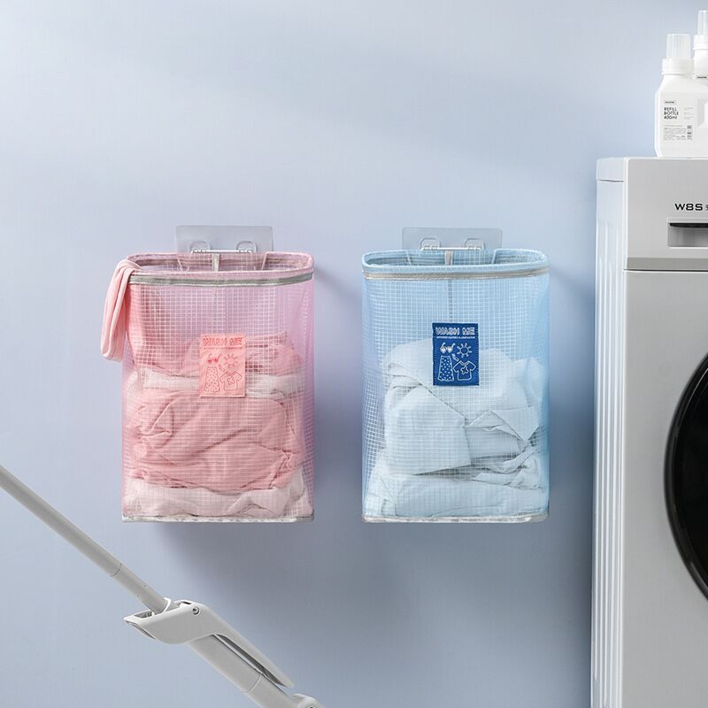 Wall-Mounted Laundry Basket Mesh Bag Foldiable Laundry Basket Adhesiv Dirty Clothes Storage Bag Children Toy Storage Bucket_voghion.com