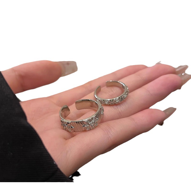 Conjunto de duas peças minimalista francês personalizado anel aberto escovado para mulheres com um estilo delicado, cheio de diamantes,_voghion.com