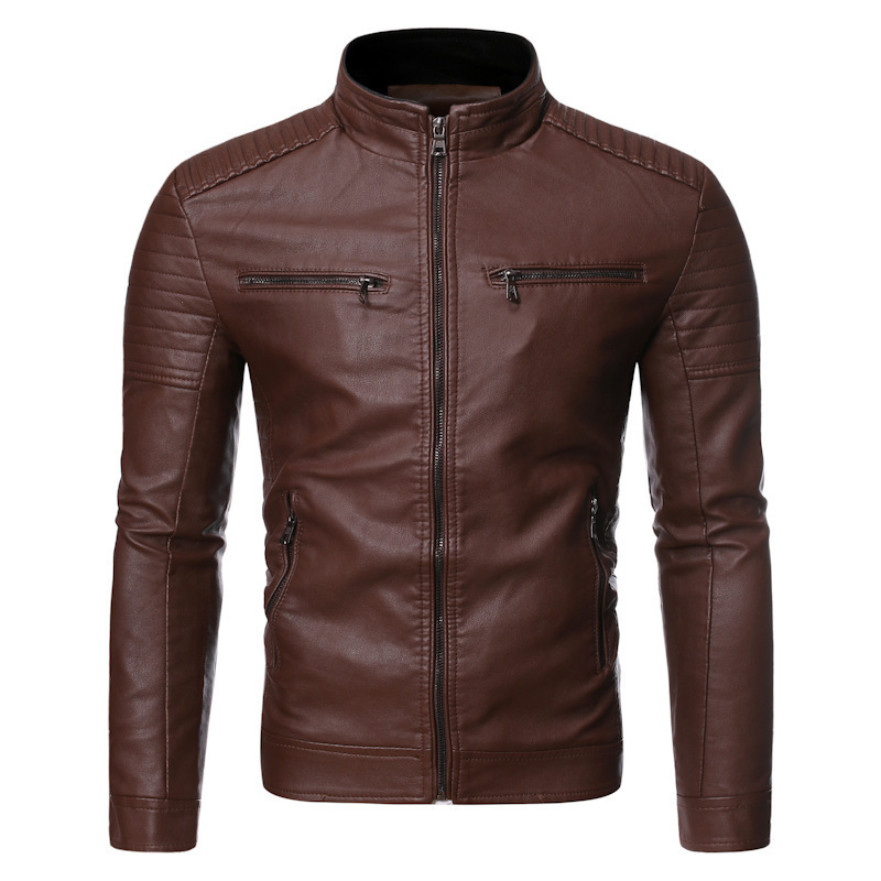Men's Clothing Collar Striped Double Zipper PU Leather Jacket Large Size Motorcycle Leather Jacket